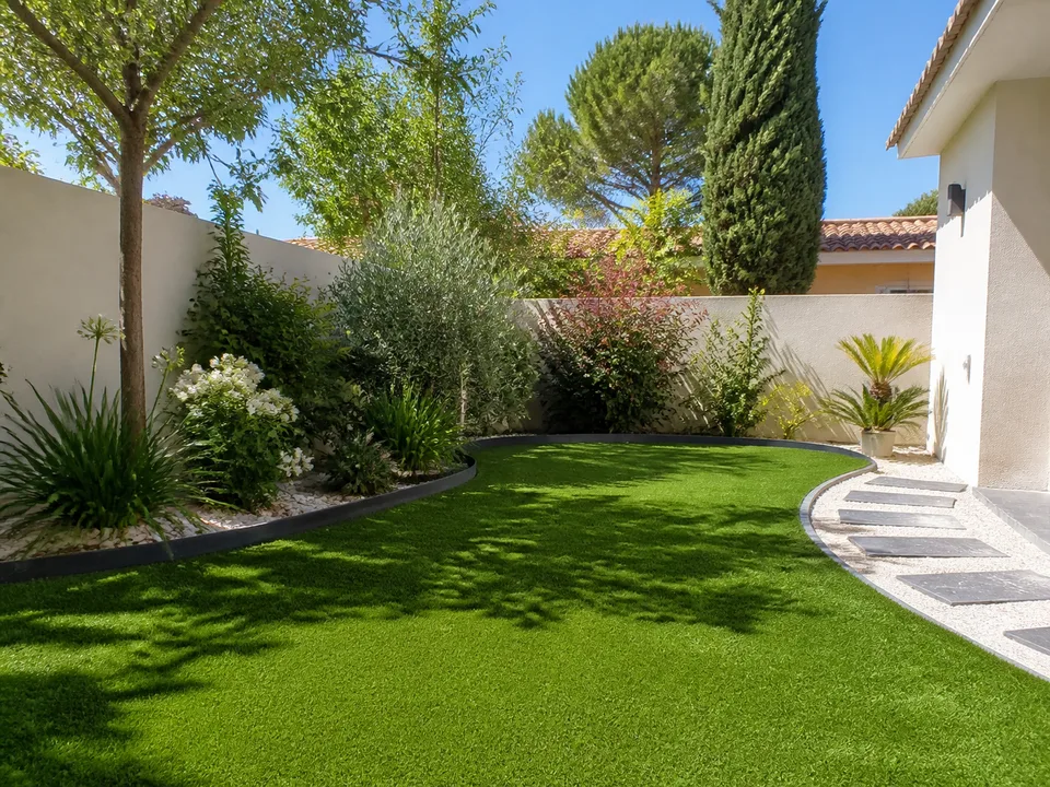 Illustration éditoriale d’un jardin avec gazon synthétique et bordures végétalisées