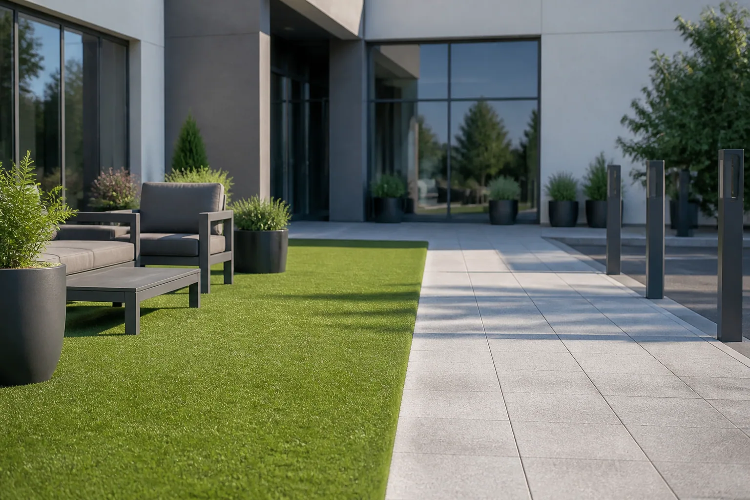 Espace extérieur professionnel avec zone de passage et gazon synthétique
